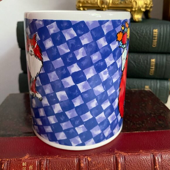 Vintage Fluffy Red Orange White Cat Flowers in Vase Painting Mug 80s 90s - Picture 3 of 4